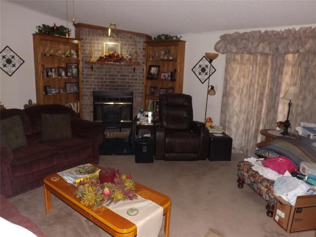 carpeted living room featuring a brick fireplace