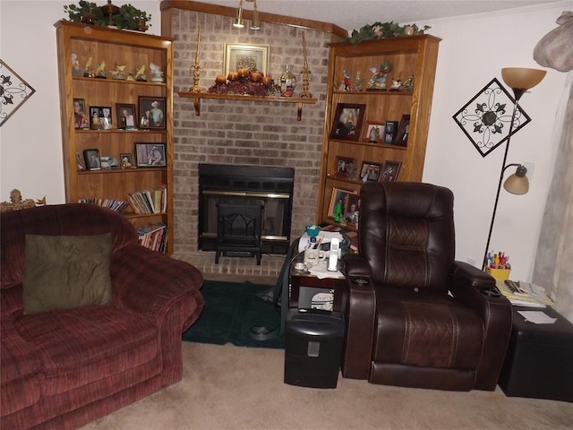 interior space with light colored carpet and a wood stove