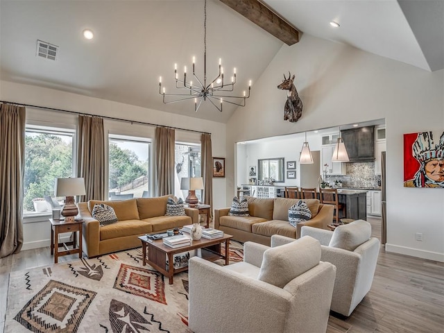 living room featuring beam ceiling, high vaulted ceiling, a notable chandelier, and light wood-type flooring