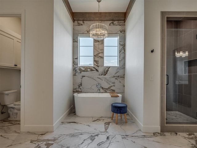 bathroom with separate shower and tub, toilet, tile walls, and an inviting chandelier