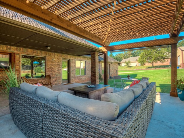 view of patio / terrace with an outdoor living space and a pergola