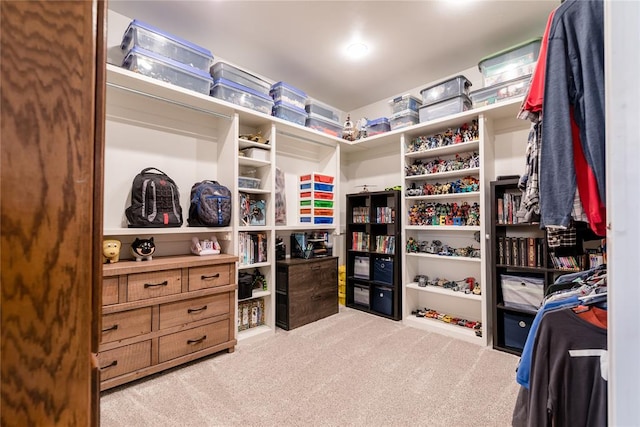 spacious closet featuring light carpet