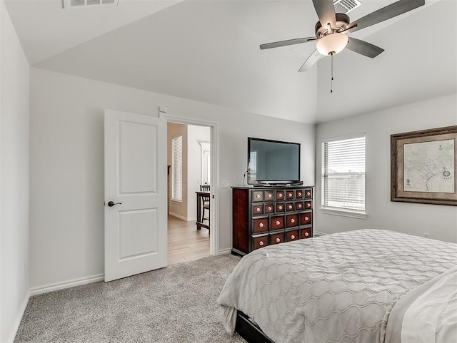 1718 Zayden Ln, Norman, OK 73072 - carpeted bedroom featuring ceiling fan and lofted ceiling
