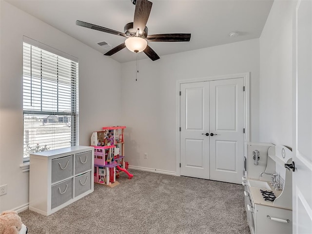 1718 Zayden Ln, Norman, OK 73072 - game room featuring ceiling fan and light colored carpet