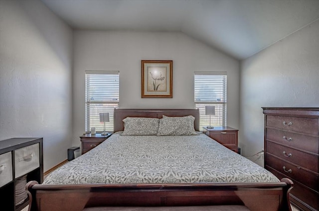 bedroom featuring vaulted ceiling and multiple windows