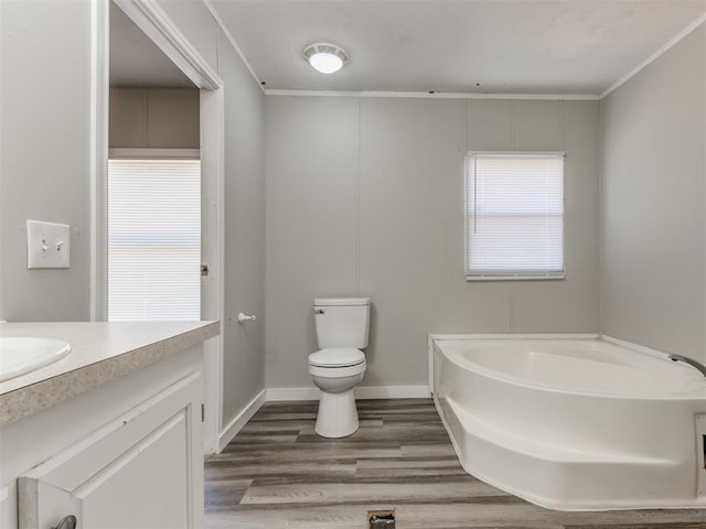 bathroom featuring vanity, toilet, ornamental molding, a tub to relax in, and wood-type flooring