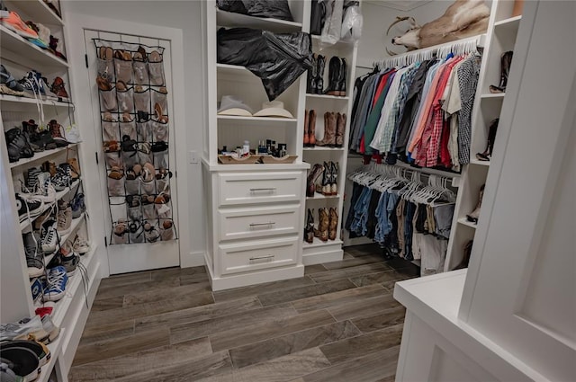 spacious closet featuring dark hardwood / wood-style flooring