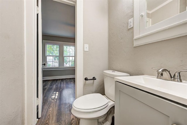 bathroom with hardwood / wood-style floors, vanity, and toilet