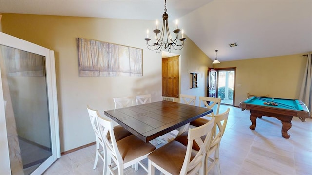 dining space featuring lofted ceiling, billiards, and an inviting chandelier