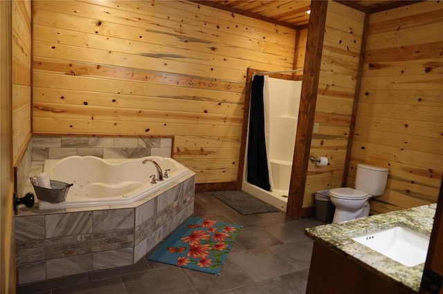 full bathroom featuring tile patterned floors, wood ceiling, vanity, wooden walls, and toilet