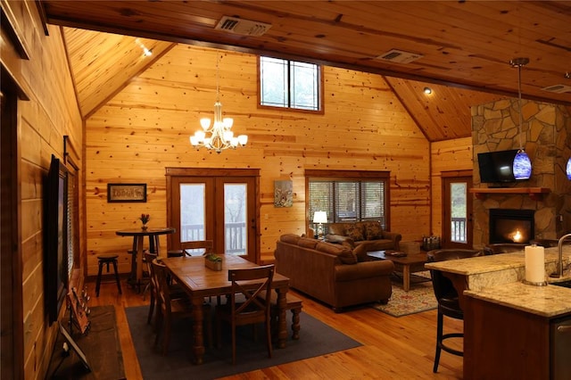 dining area with high vaulted ceiling, a stone fireplace, wooden walls, light hardwood / wood-style floors, and wood ceiling