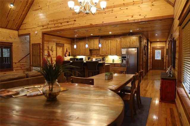 dining space featuring wooden ceiling, hardwood / wood-style floors, a chandelier, and plenty of natural light