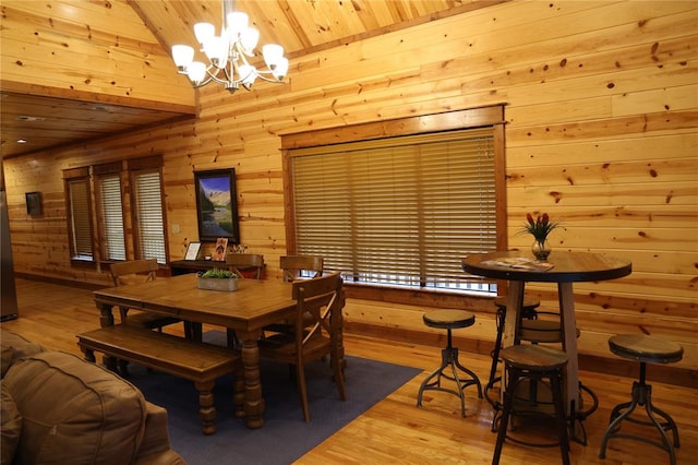 dining space with lofted ceiling, wooden ceiling, wooden walls, a notable chandelier, and wood-type flooring