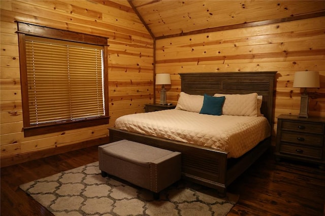 bedroom with hardwood / wood-style flooring, wood ceiling, lofted ceiling, and wood walls