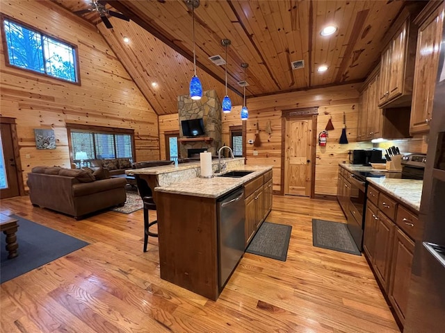 kitchen featuring a wealth of natural light, a kitchen island with sink, light wood-type flooring, and appliances with stainless steel finishes