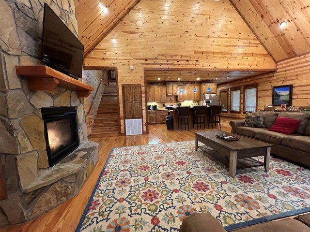 living room featuring wood walls, wooden ceiling, and high vaulted ceiling