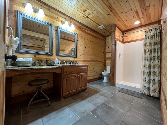 bathroom featuring walk in shower, wood walls, toilet, vanity, and wood ceiling