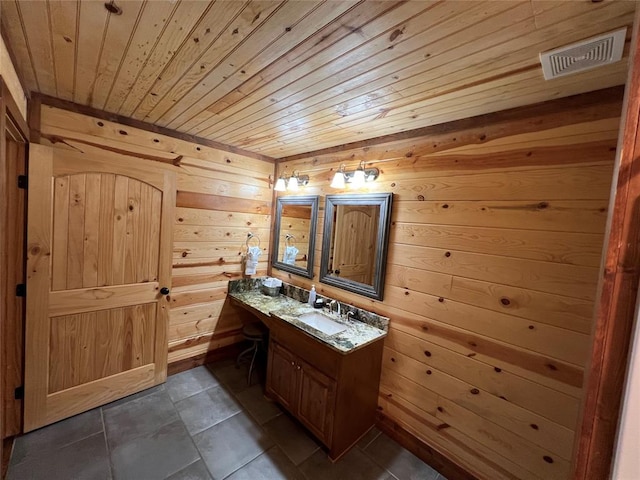 bathroom with wood walls, tile patterned flooring, vanity, and wood ceiling