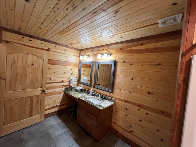 bathroom with wood walls, tile patterned flooring, vanity, and wooden ceiling