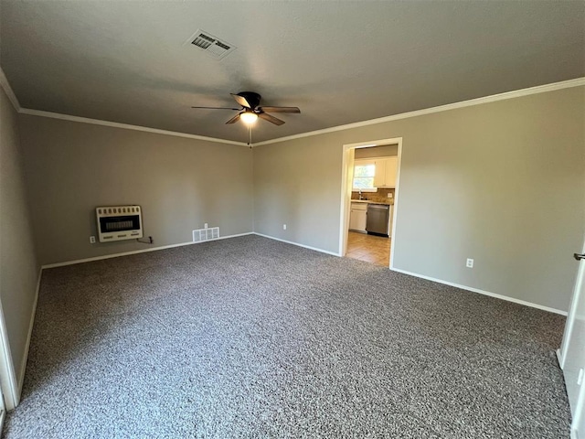 interior space with heating unit, crown molding, and light colored carpet