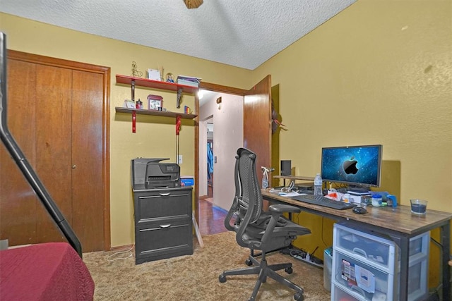 carpeted office space with a textured ceiling