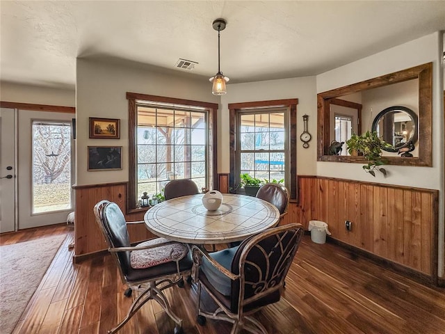 dining room featuring a wainscoted wall, wooden walls, visible vents, and dark wood-type flooring