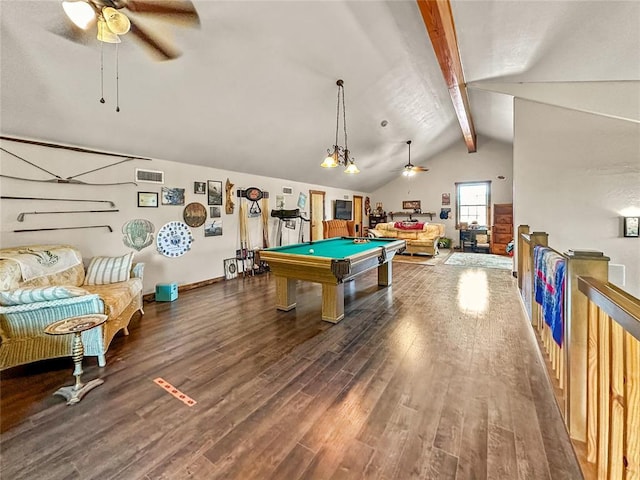 playroom featuring dark wood-style flooring, visible vents, lofted ceiling with beams, a ceiling fan, and billiards