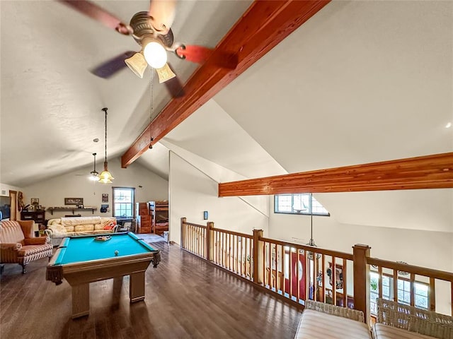 game room with lofted ceiling with beams, pool table, and a ceiling fan