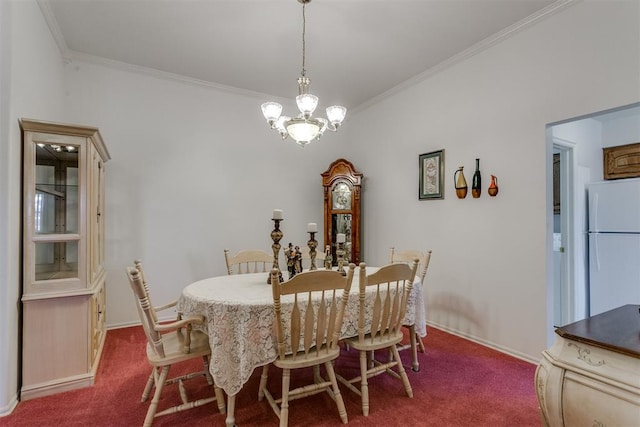 carpeted dining space with an inviting chandelier and ornamental molding