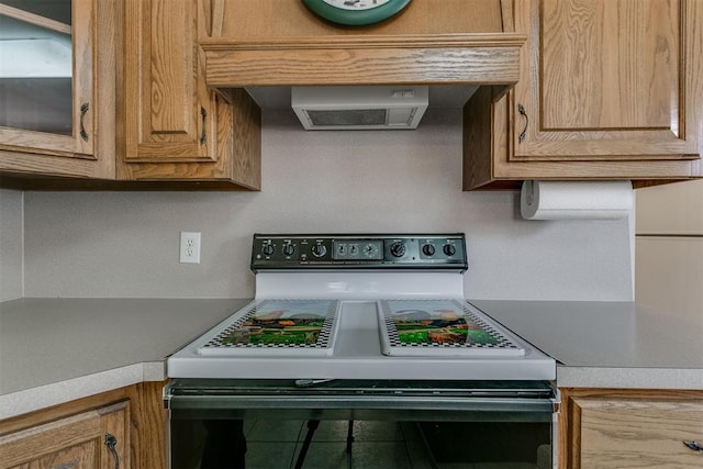 kitchen with white electric stove and extractor fan