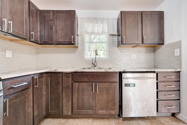 kitchen featuring stainless steel dishwasher, dark brown cabinets, backsplash, and sink