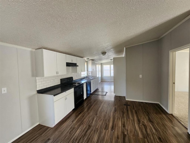 kitchen featuring dark hardwood / wood-style flooring, backsplash, a textured ceiling, black appliances, and white cabinets