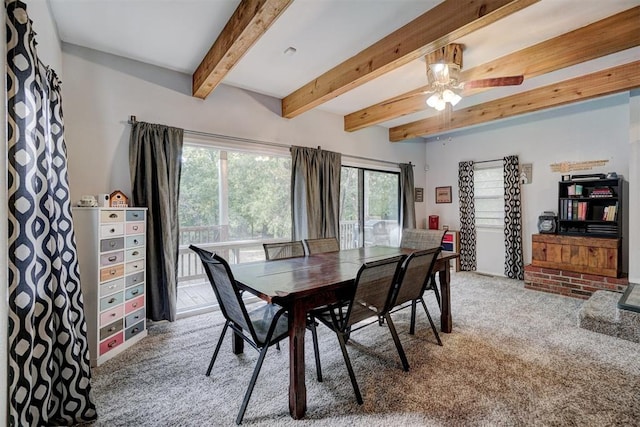 carpeted dining space featuring ceiling fan and beamed ceiling