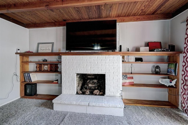 carpeted living room with a fireplace and wood ceiling