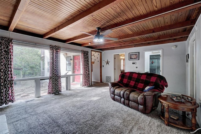 carpeted living room featuring ceiling fan, beam ceiling, and wooden ceiling