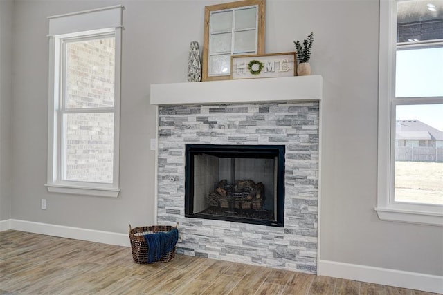 room details with a stone fireplace and hardwood / wood-style floors