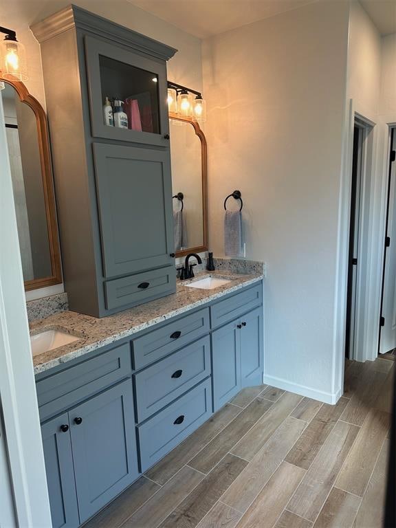 bathroom with hardwood / wood-style floors and vanity