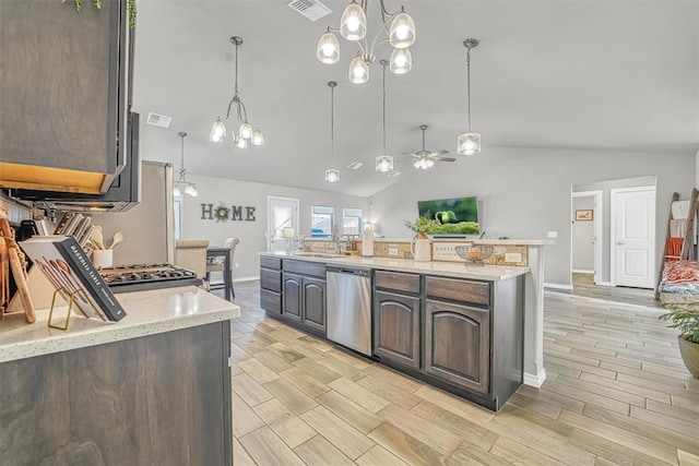 kitchen featuring light hardwood / wood-style flooring, stainless steel dishwasher, decorative light fixtures, lofted ceiling, and dark brown cabinets