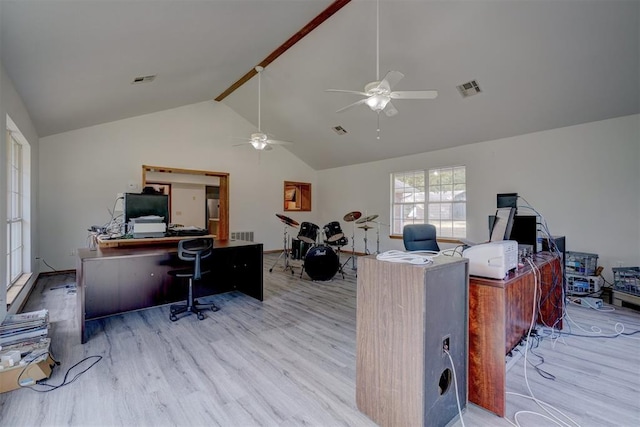 office area with vaulted ceiling with beams, ceiling fan, and light hardwood / wood-style floors