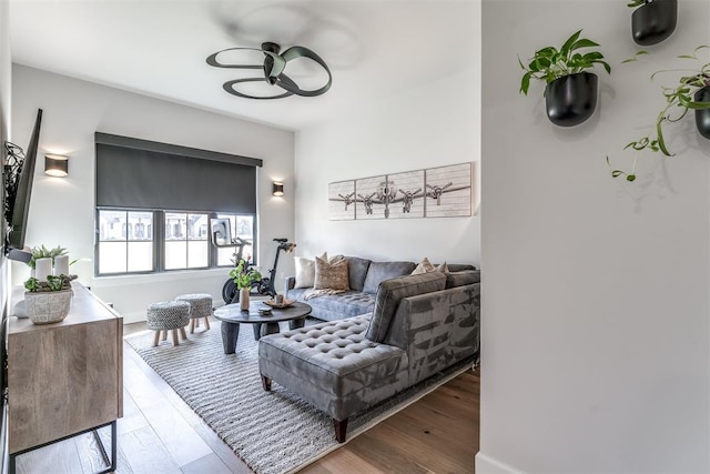 living room with hardwood / wood-style flooring and ceiling fan