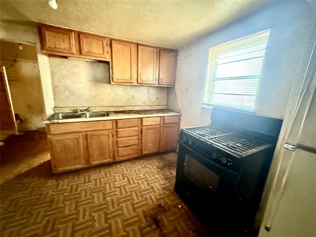 kitchen with black electric range, light parquet flooring, and sink