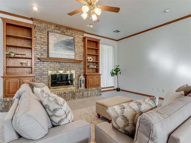 living area with visible vents, baseboards, a fireplace, ornamental molding, and carpet flooring