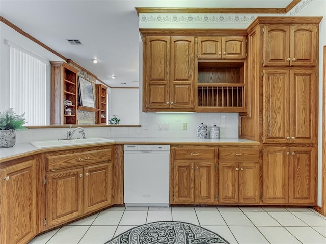 kitchen with visible vents, dishwasher, open shelves, and a sink