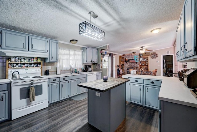 kitchen with under cabinet range hood, white appliances, dark wood-type flooring, and a peninsula