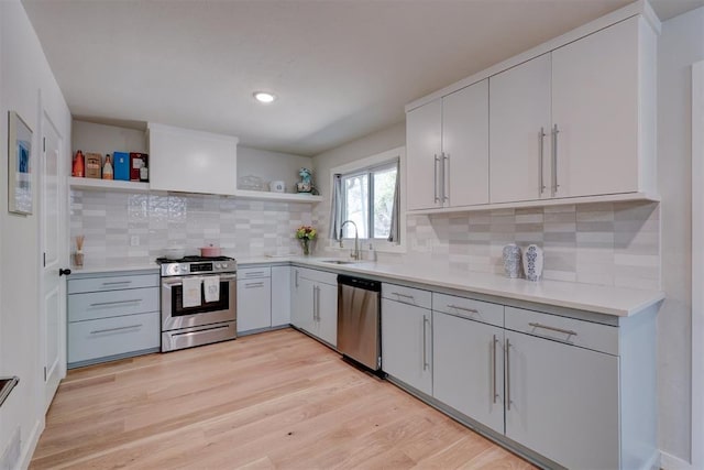 kitchen featuring tasteful backsplash, sink, stainless steel appliances, and light wood-type flooring