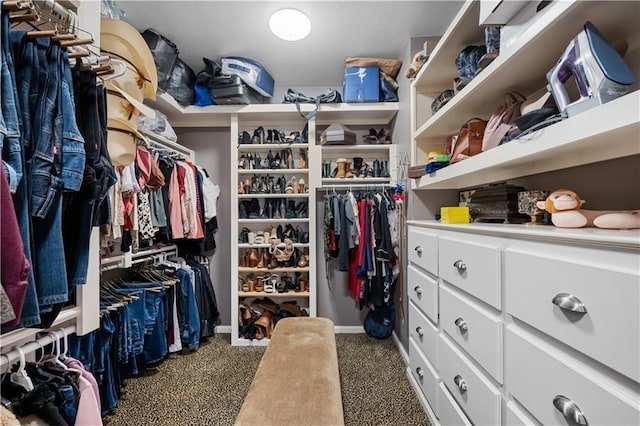 spacious closet featuring dark colored carpet