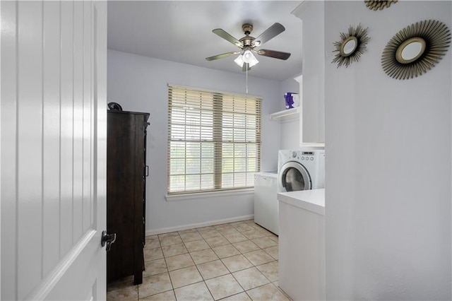 laundry area featuring ceiling fan and light tile patterned floors