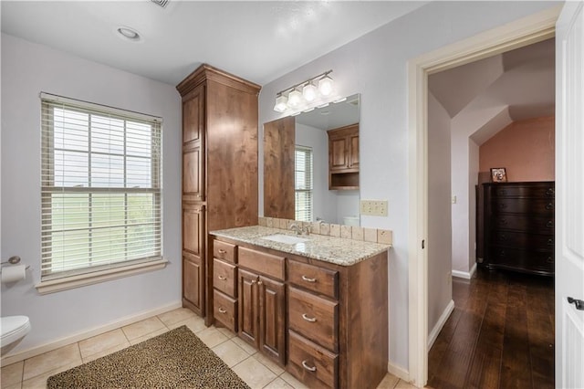 bathroom with hardwood / wood-style floors, vanity, toilet, and vaulted ceiling