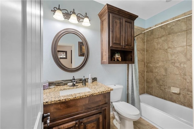 full bathroom featuring tile patterned flooring, vanity, toilet, and shower / tub combo with curtain