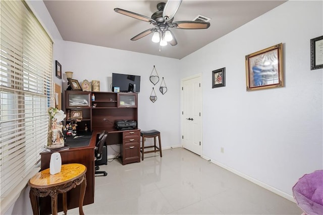 office area with ceiling fan